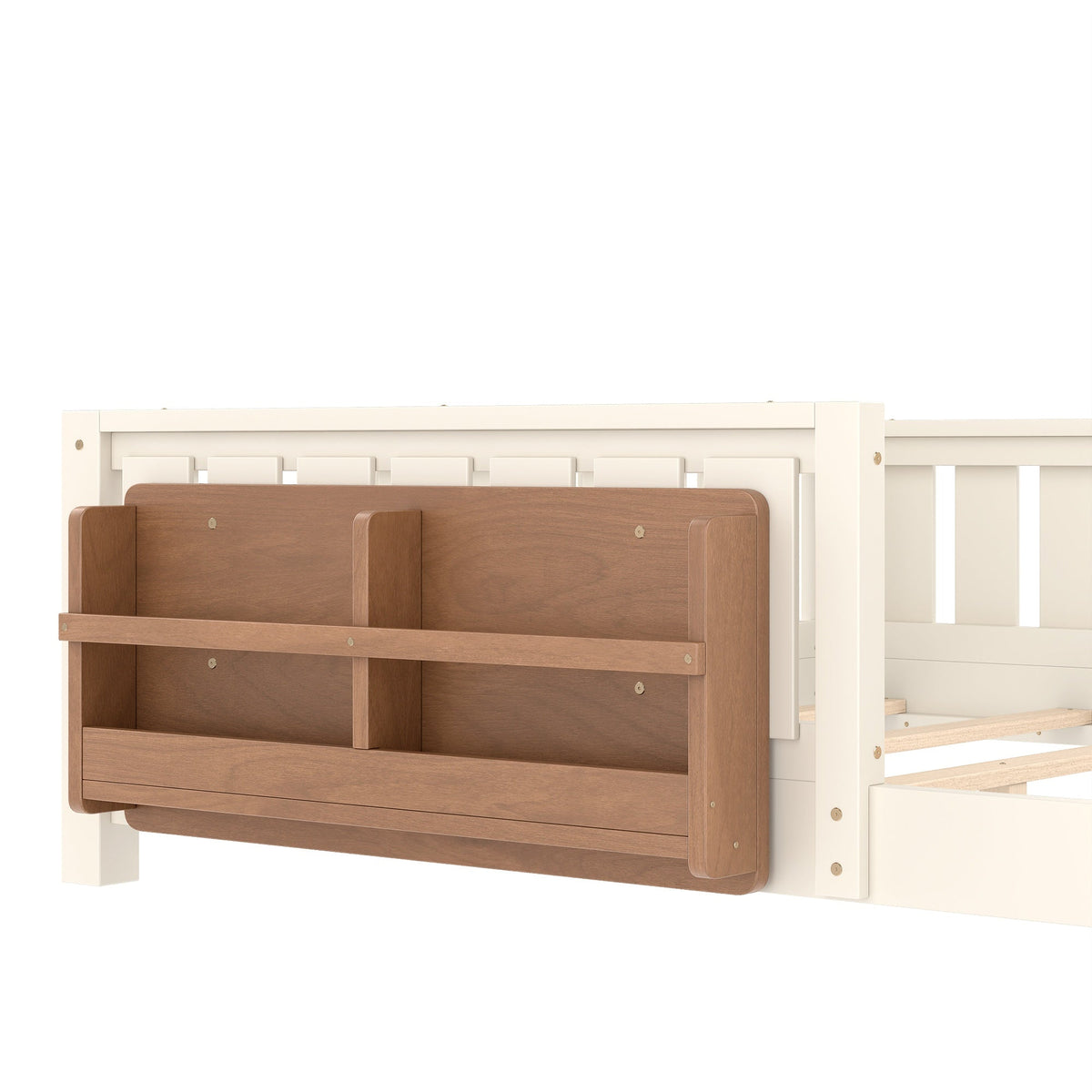 Bellemave® Queen Size Floor Bed with Slats and Safety Guardrail, Easy Assemble Montessori Beds with Fence and Built-in Bookshelf for Girls, Boys