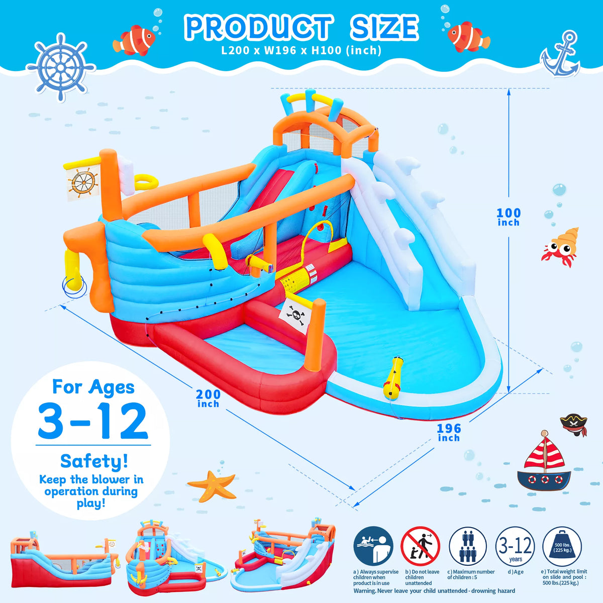 URTR 9-in-1 Inflatable Water Park for Kids, Dual Slides Climbing Wall Anchor Ring Toss Basketball Hoop Dual Water Guns Shallow & Bathing Pools