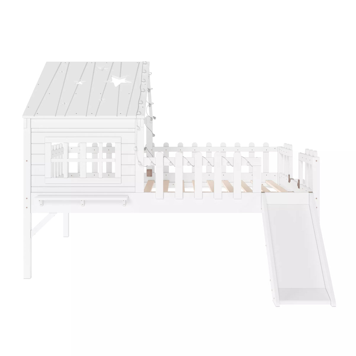 URTR Full Size Kids Low Loft Bed with Slide,House Loft Bed with LED Lights and Ladder,Solid Wood Girls Loft Bed Frame with Safety Guardrails for Girls Boys,Natural