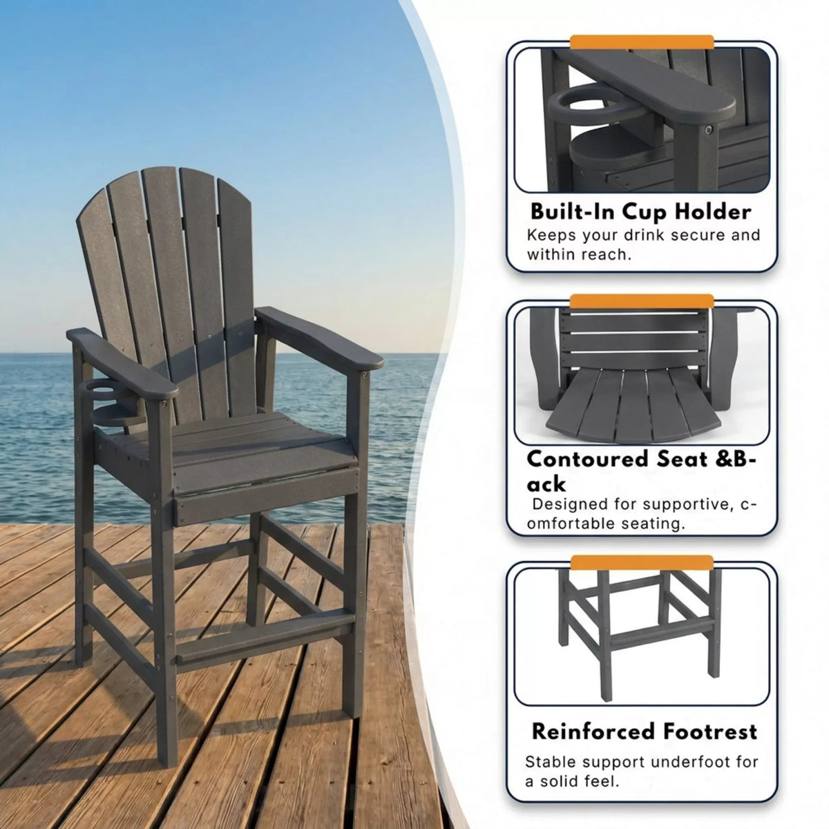 URTR Tall Plastic Adirondack Bar Chair with Cup Holder & Armrests – Outdoor Patio Barstool