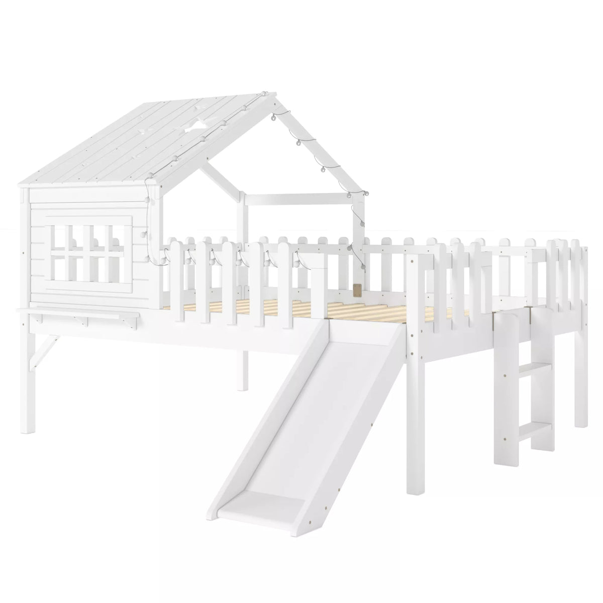 URTR Full Size Kids Low Loft Bed with Slide,House Loft Bed with LED Lights and Ladder,Solid Wood Girls Loft Bed Frame with Safety Guardrails for Girls Boys,Natural