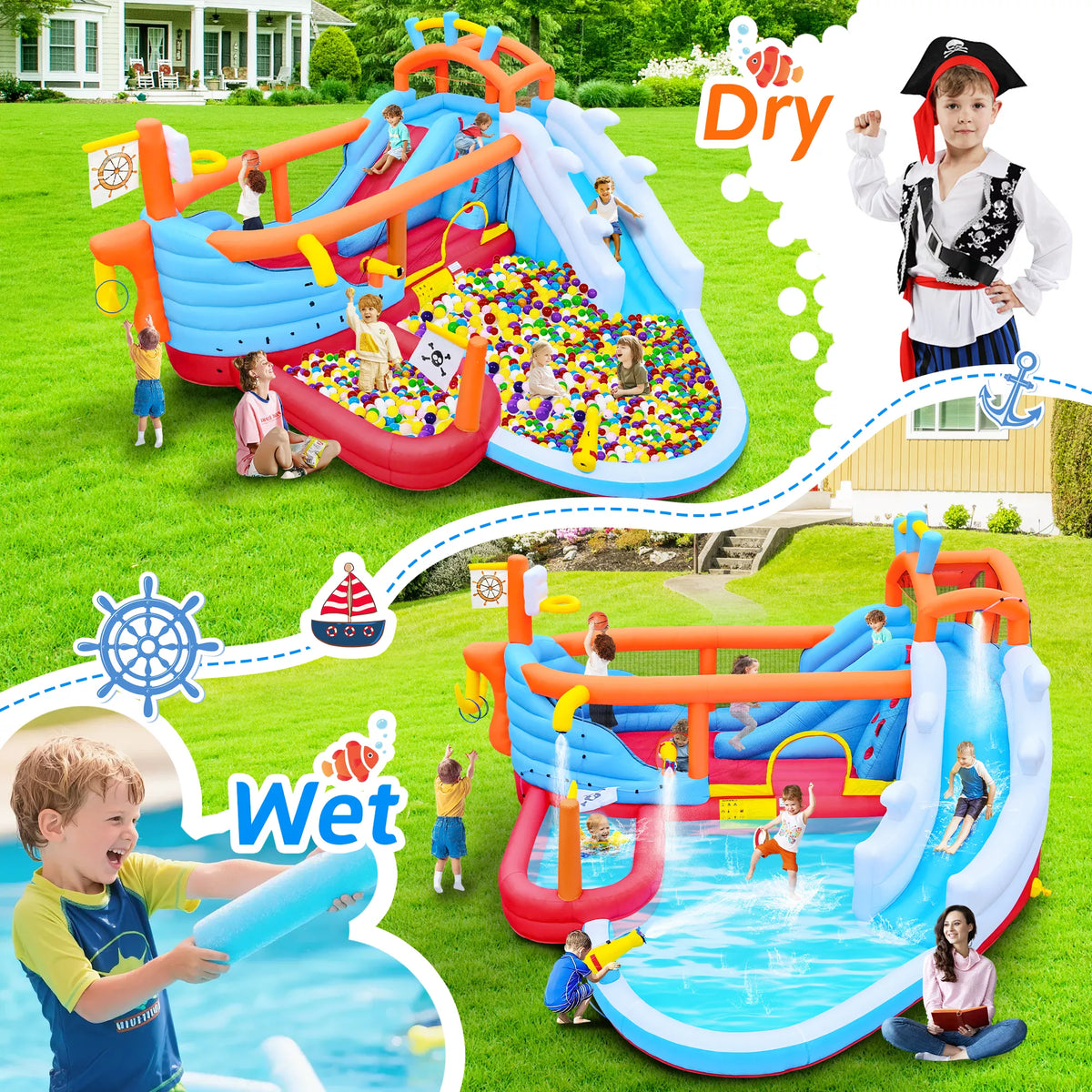URTR 9-in-1 Inflatable Water Park for Kids, Dual Slides Climbing Wall Anchor Ring Toss Basketball Hoop Dual Water Guns Shallow & Bathing Pools