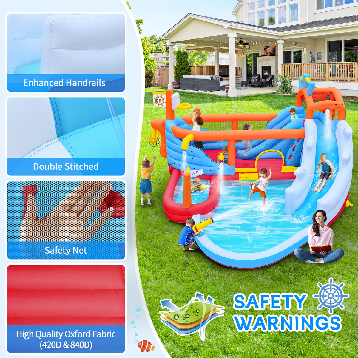 URTR 9-in-1 Inflatable Water Park for Kids, Dual Slides Climbing Wall Anchor Ring Toss Basketball Hoop Dual Water Guns Shallow & Bathing Pools