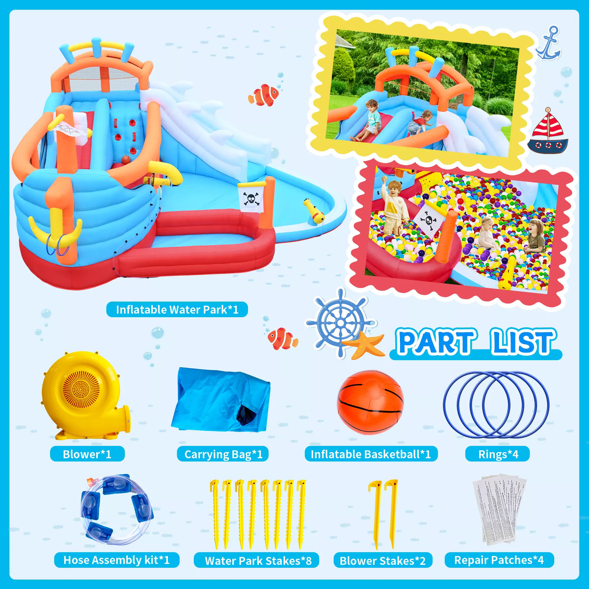 URTR 9-in-1 Inflatable Water Park for Kids, Dual Slides Climbing Wall Anchor Ring Toss Basketball Hoop Dual Water Guns Shallow & Bathing Pools