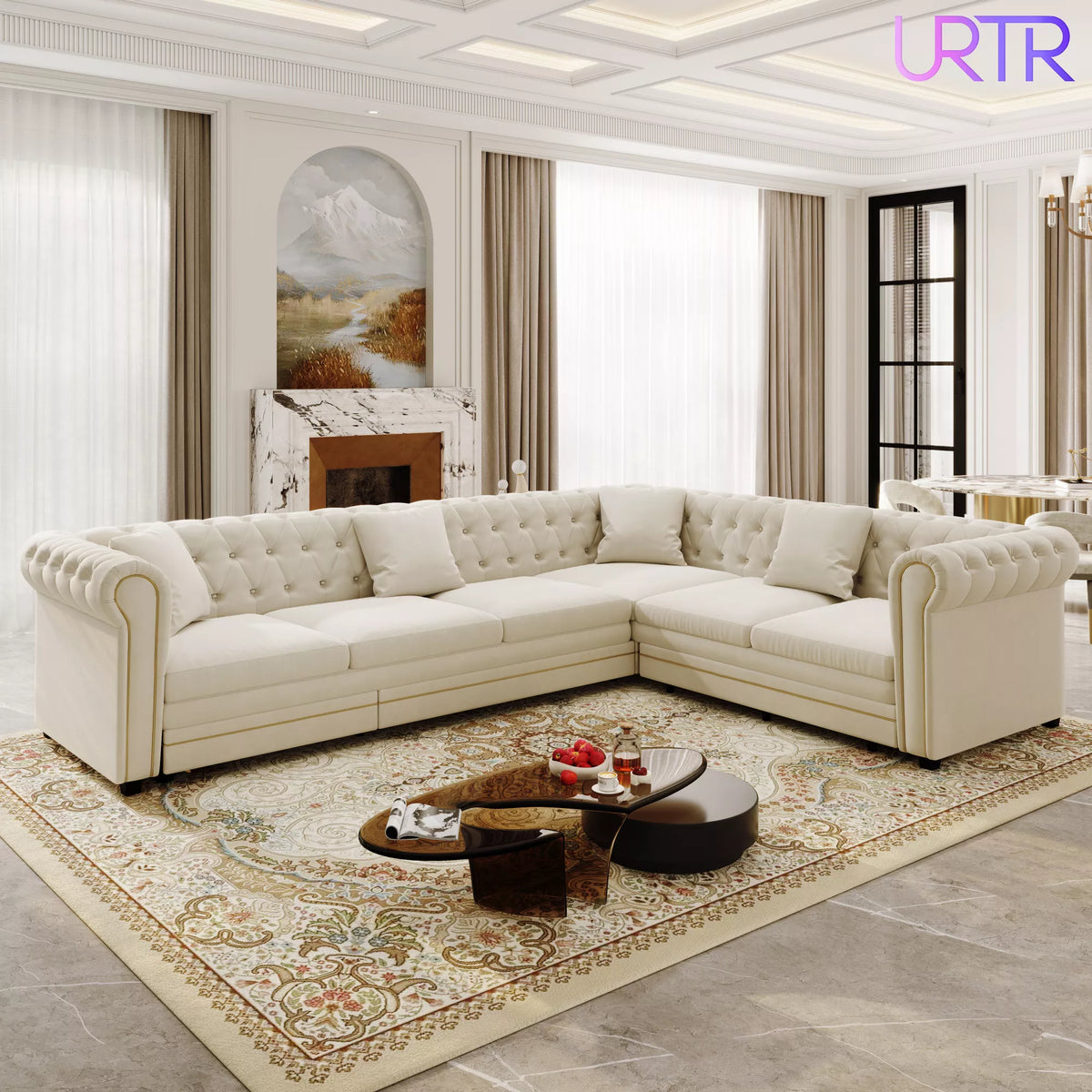 URTR L-Shaped Sleeper Sofa with Pull Out Bed, Convertible Velvet Sectional Couch with Deep Seating and Chesterfield Style