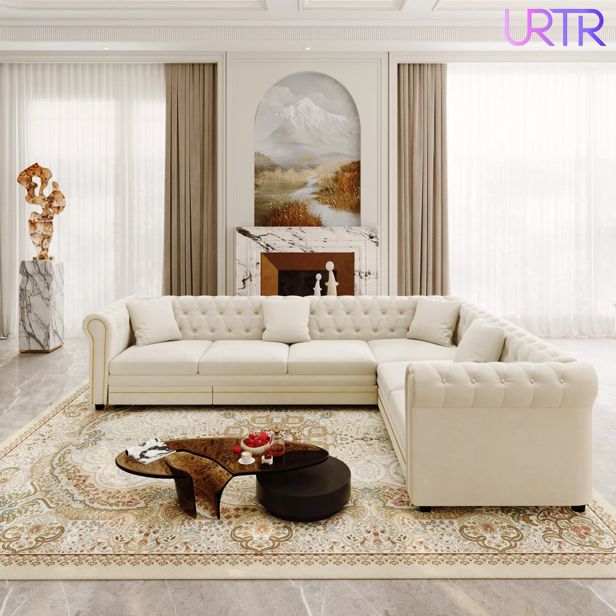URTR L-Shaped Sleeper Sofa with Pull Out Bed, Convertible Velvet Sectional Couch with Deep Seating and Chesterfield Style