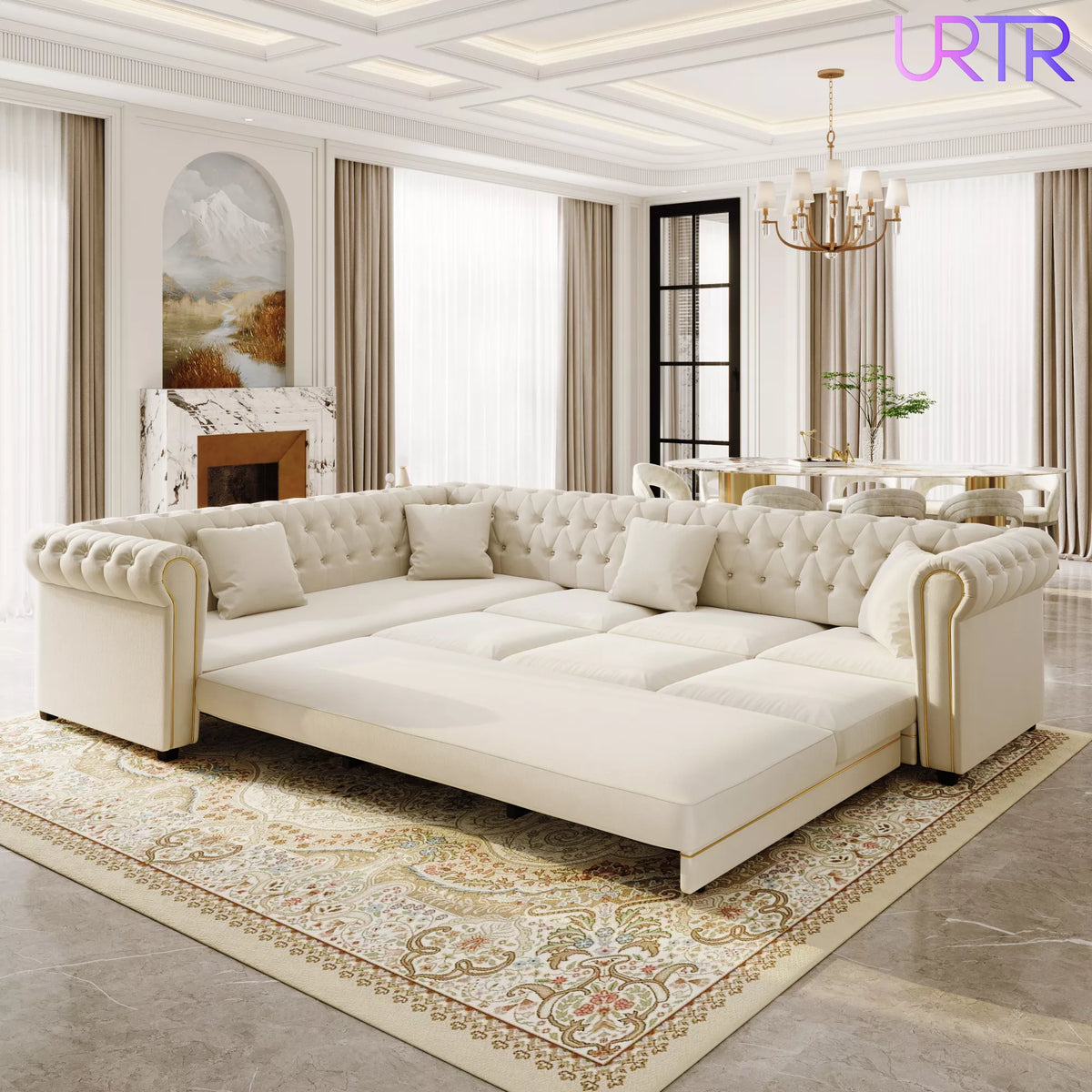 URTR L-Shaped Sleeper Sofa with Pull Out Bed, Convertible Velvet Sectional Couch with Deep Seating and Chesterfield Style