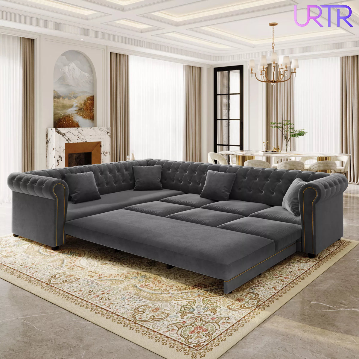 URTR L-Shaped Sleeper Sofa with Pull Out Bed, Convertible Velvet Sectional Couch with Deep Seating and Chesterfield Style