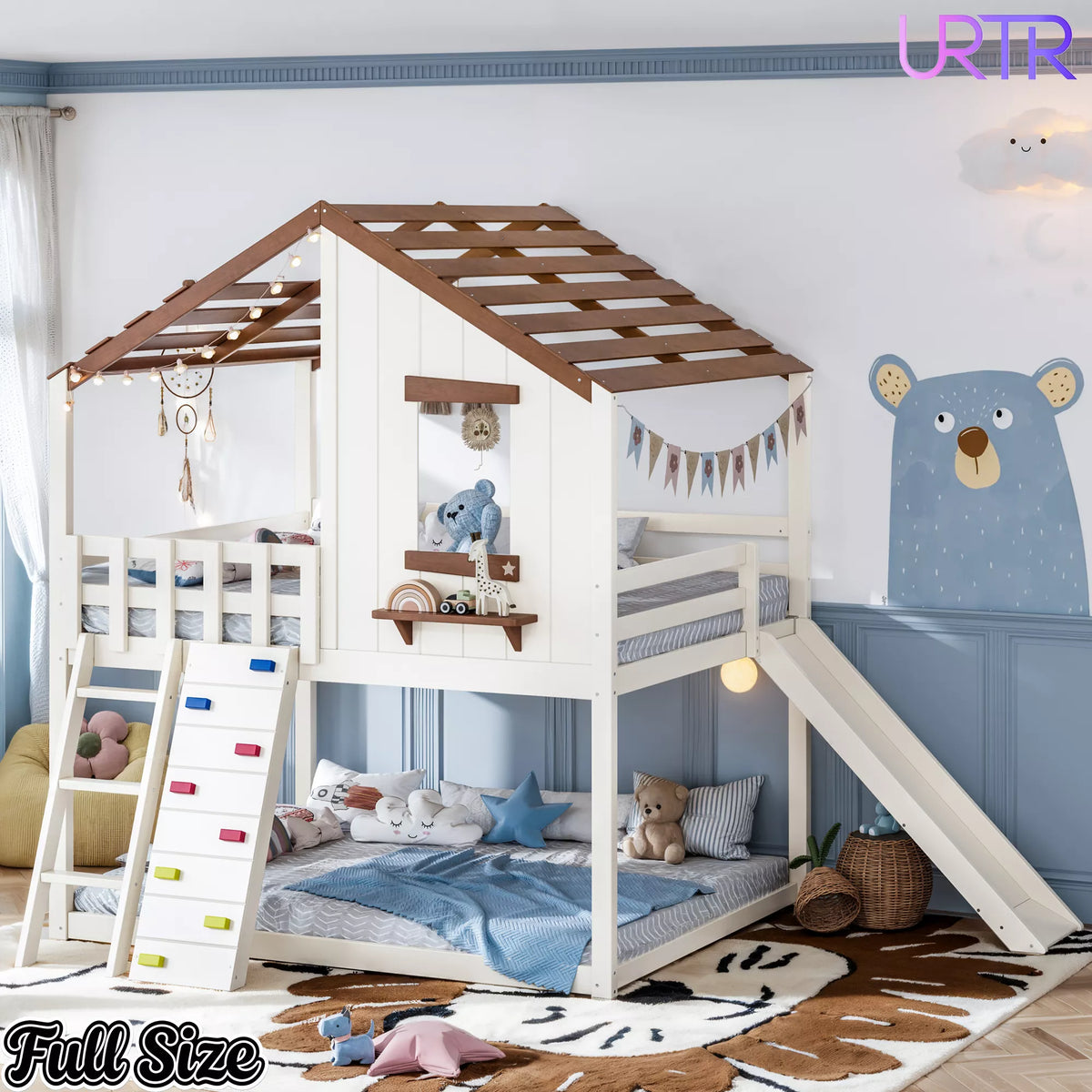 URTR Playhouse Loft Bed with Slide, Ladder & House Roof Design, Kids Loft Bed with Window, Convertible Bunk Bed