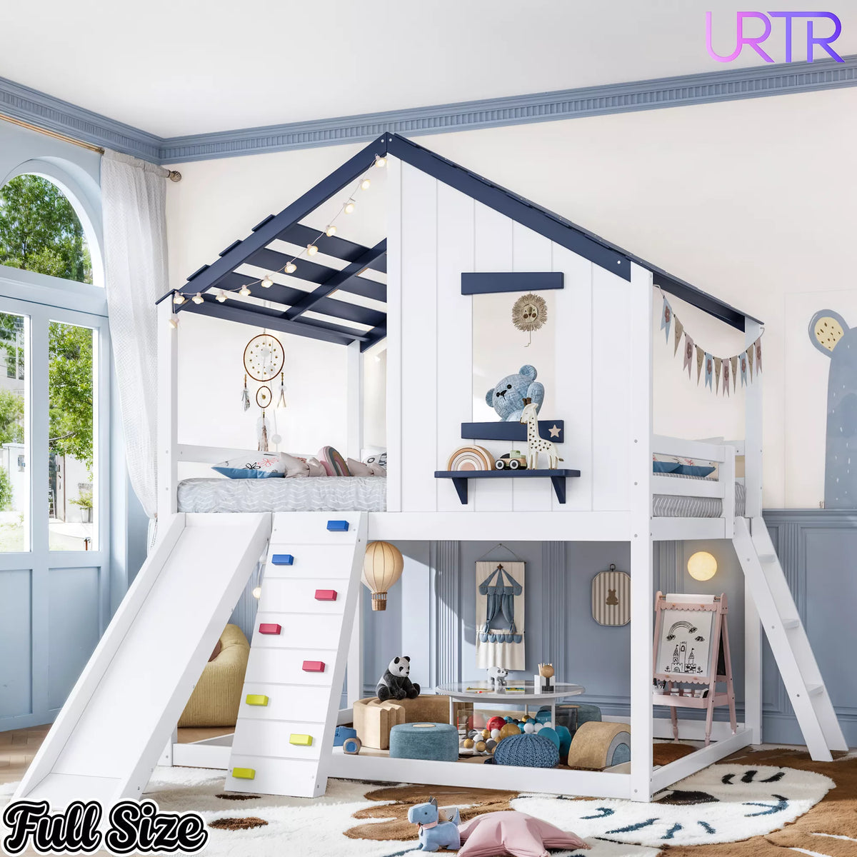 URTR Playhouse Loft Bed with Slide, Ladder & House Roof Design, Kids Loft Bed with Window, Convertible Bunk Bed