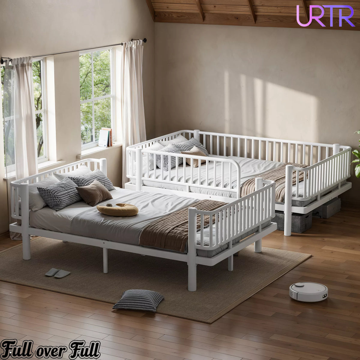 URTR Metal Bunk Bed with Guardrails & Ladder, Convertible Bunk Bed Frame Transforms into 2 Platform Beds
