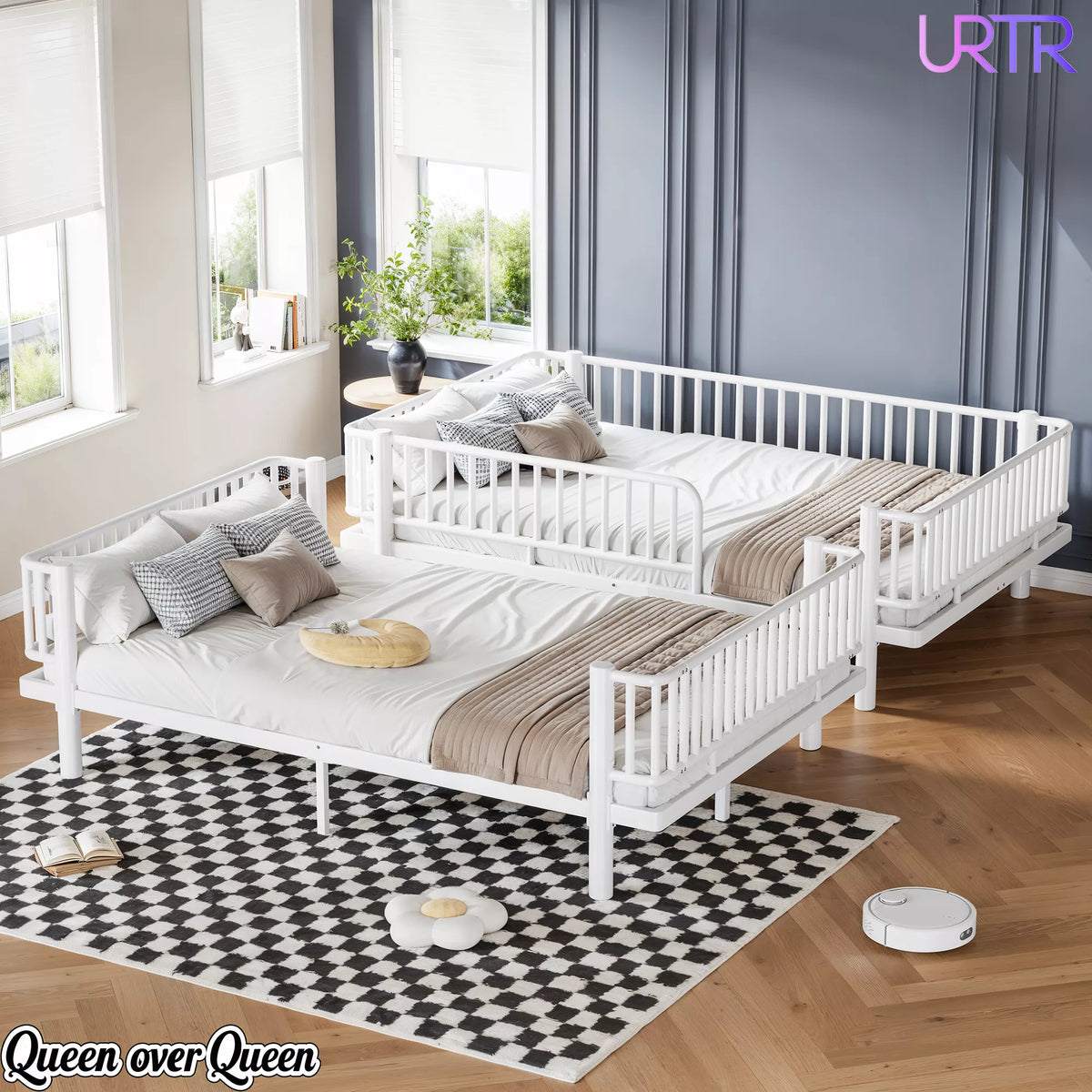 URTR Metal Bunk Bed with Guardrails & Ladder, Convertible Bunk Bed Frame Transforms into 2 Platform Beds