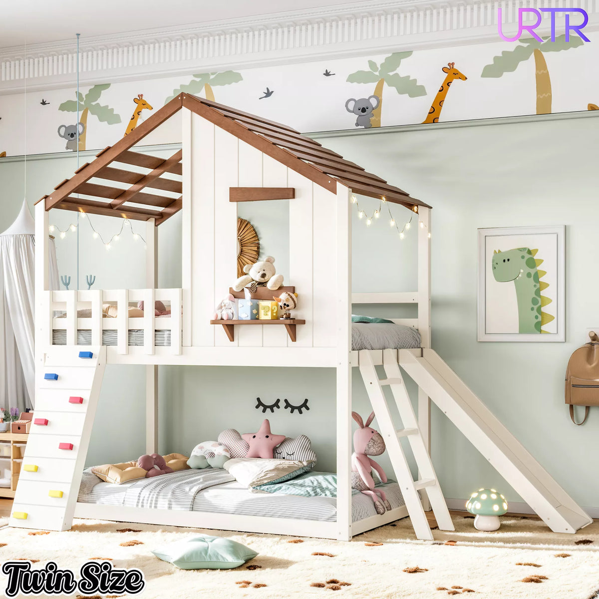 URTR Playhouse Loft Bed with Slide, Ladder & House Roof Design, Kids Loft Bed with Window, Convertible Bunk Bed