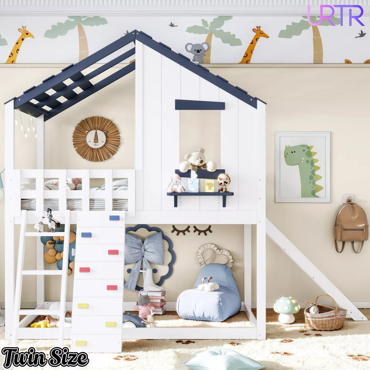 URTR Playhouse Loft Bed with Slide, Ladder & House Roof Design, Kids Loft Bed with Window, Convertible Bunk Bed