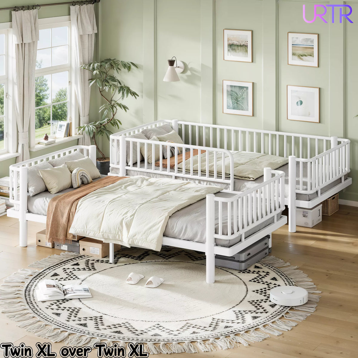 URTR Metal Bunk Bed with Guardrails & Ladder, Convertible Bunk Bed Frame Transforms into 2 Platform Beds