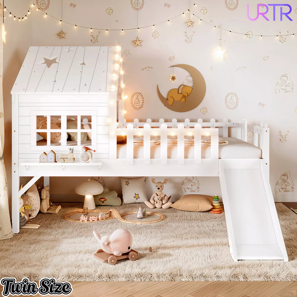 URTR Full Size Kids Low Loft Bed with Slide,House Loft Bed with LED Lights and Ladder,Solid Wood Girls Loft Bed Frame with Safety Guardrails for Girls Boys,Natural