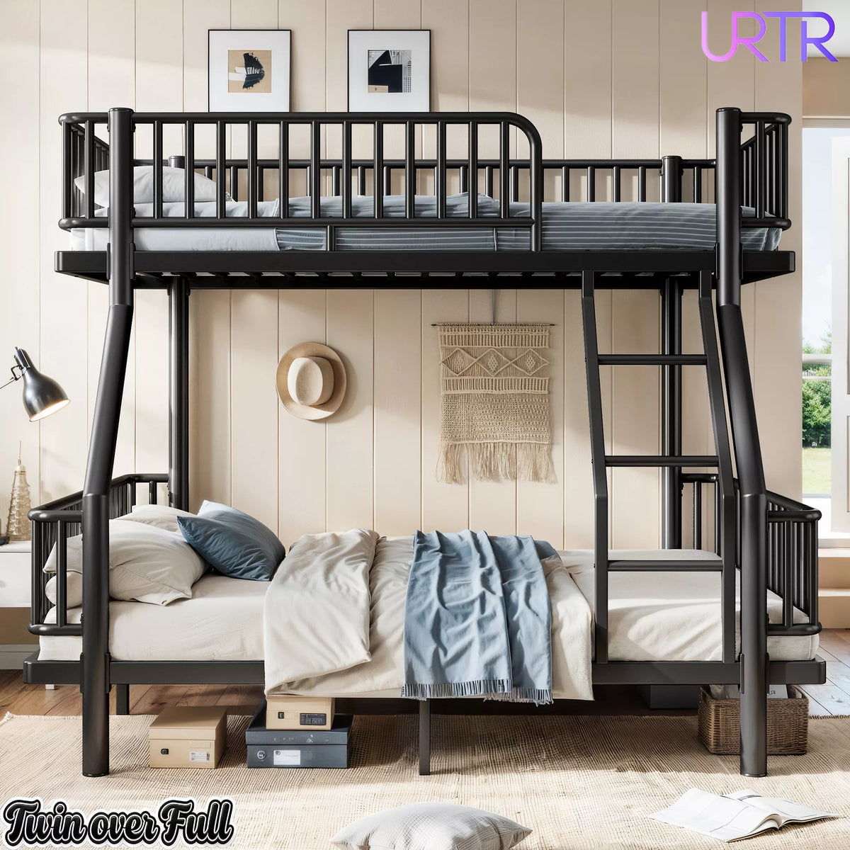 URTR Metal Bunk Bed with Guardrails & Ladder, Convertible Bunk Bed Frame Transforms into 2 Platform Beds