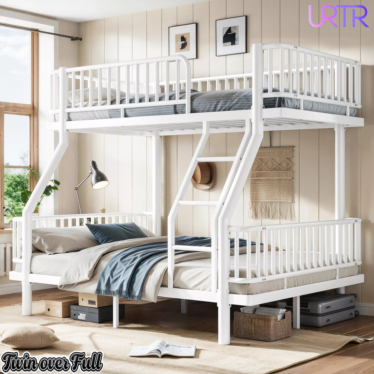 URTR Metal Bunk Bed with Guardrails & Ladder, Convertible Bunk Bed Frame Transforms into 2 Platform Beds