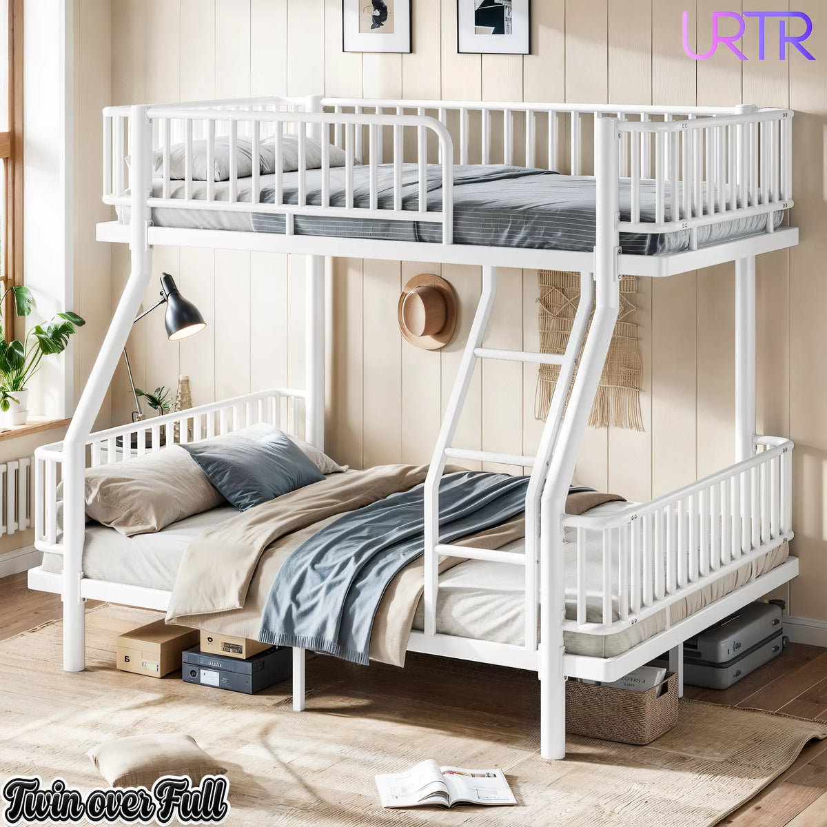 URTR Metal Bunk Bed with Guardrails & Ladder, Convertible Bunk Bed Frame Transforms into 2 Platform Beds