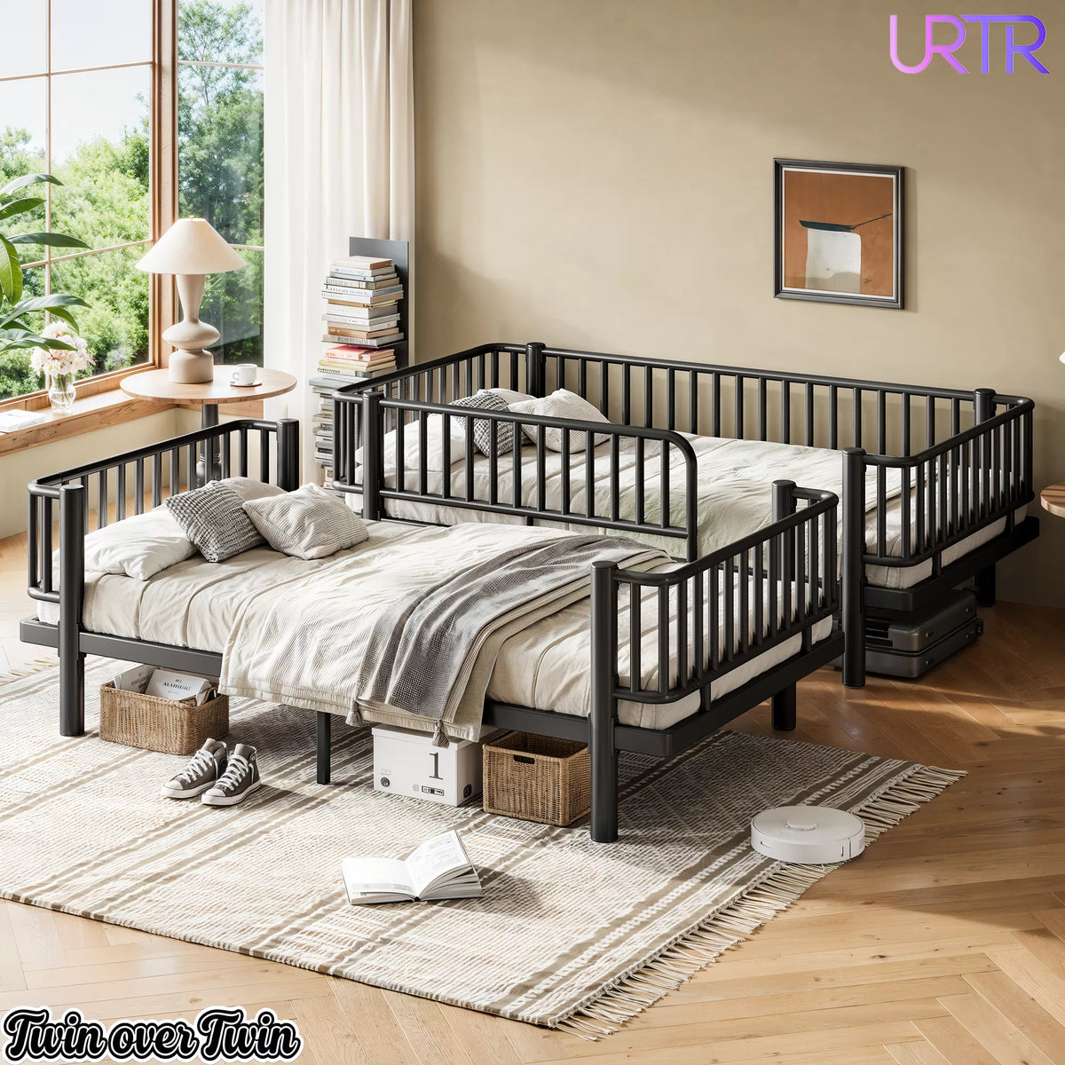 URTR Metal Bunk Bed with Guardrails & Ladder, Convertible Bunk Bed Frame Transforms into 2 Platform Beds