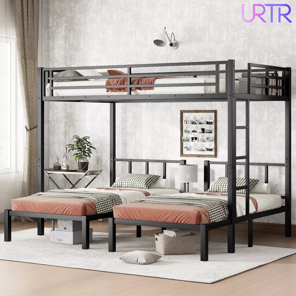 URTR Triple Bunk Bed for Kids, Detachable Metal Bunk Bed with Guardrails, Ladder & Storage, Converts to 3 Separate Beds
