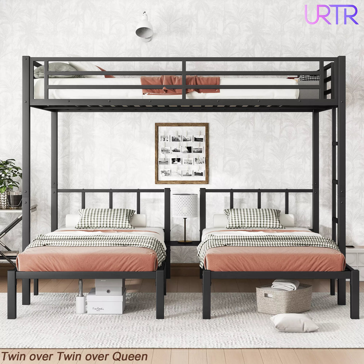 URTR Triple Bunk Bed for Kids, Detachable Metal Bunk Bed with Guardrails, Ladder & Storage, Converts to 3 Separate Beds