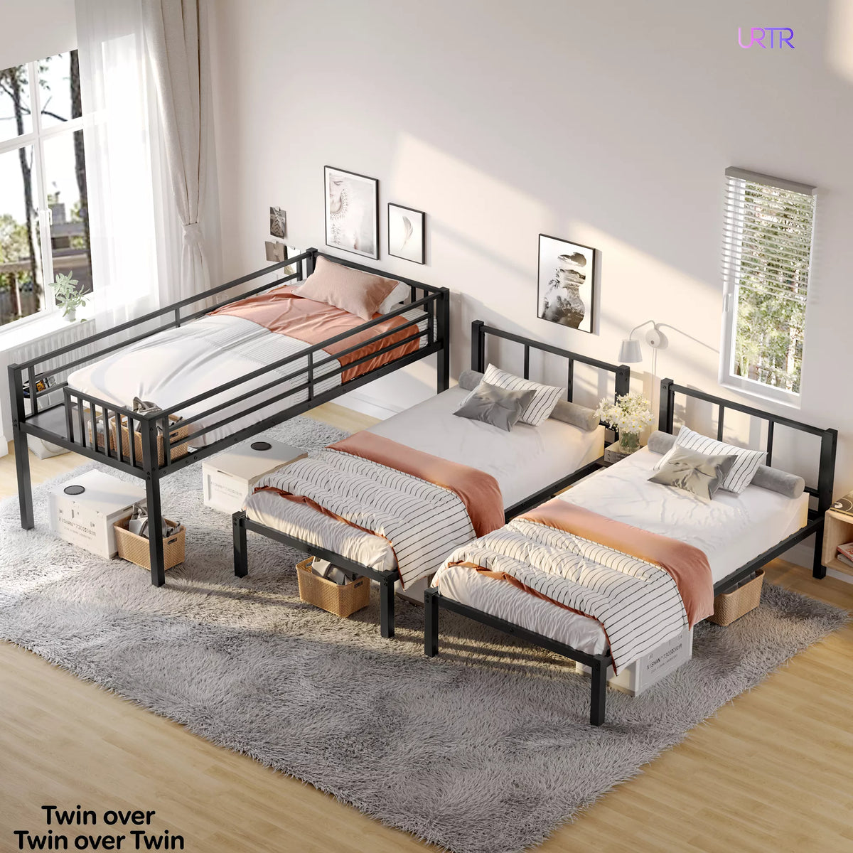 URTR Triple Bunk Bed for Kids, Detachable Metal Bunk Bed with Guardrails, Ladder & Storage, Converts to 3 Separate Beds