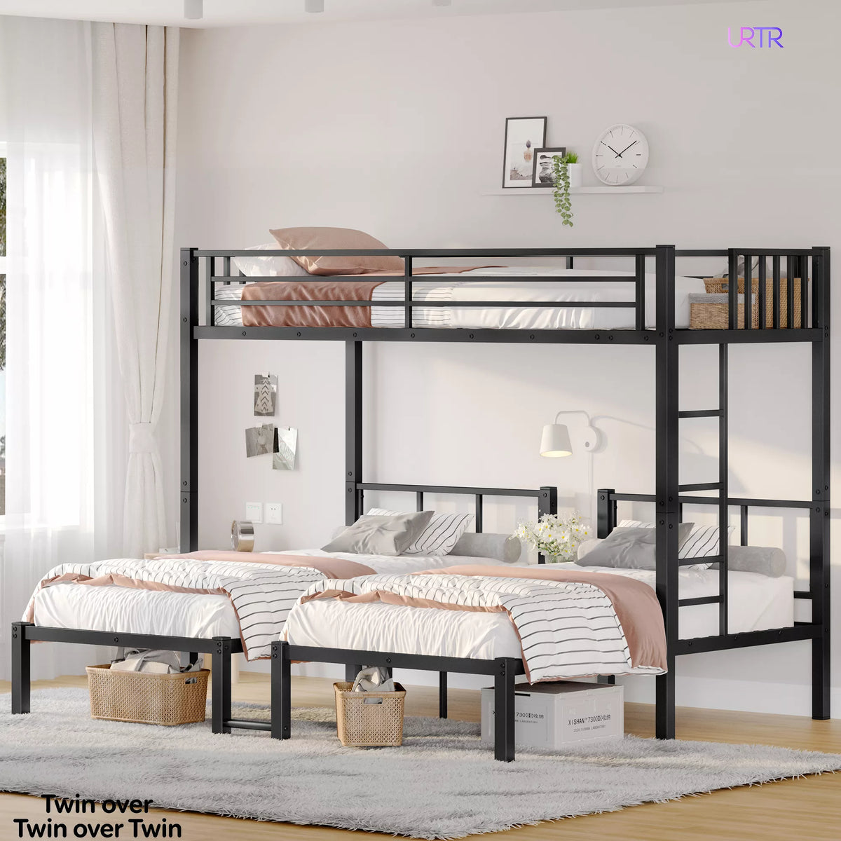 URTR Triple Bunk Bed for Kids, Detachable Metal Bunk Bed with Guardrails, Ladder & Storage, Converts to 3 Separate Beds