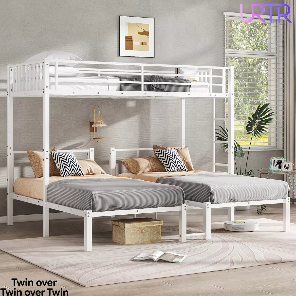 URTR Triple Bunk Bed for Kids, Detachable Metal Bunk Bed with Guardrails, Ladder & Storage, Converts to 3 Separate Beds
