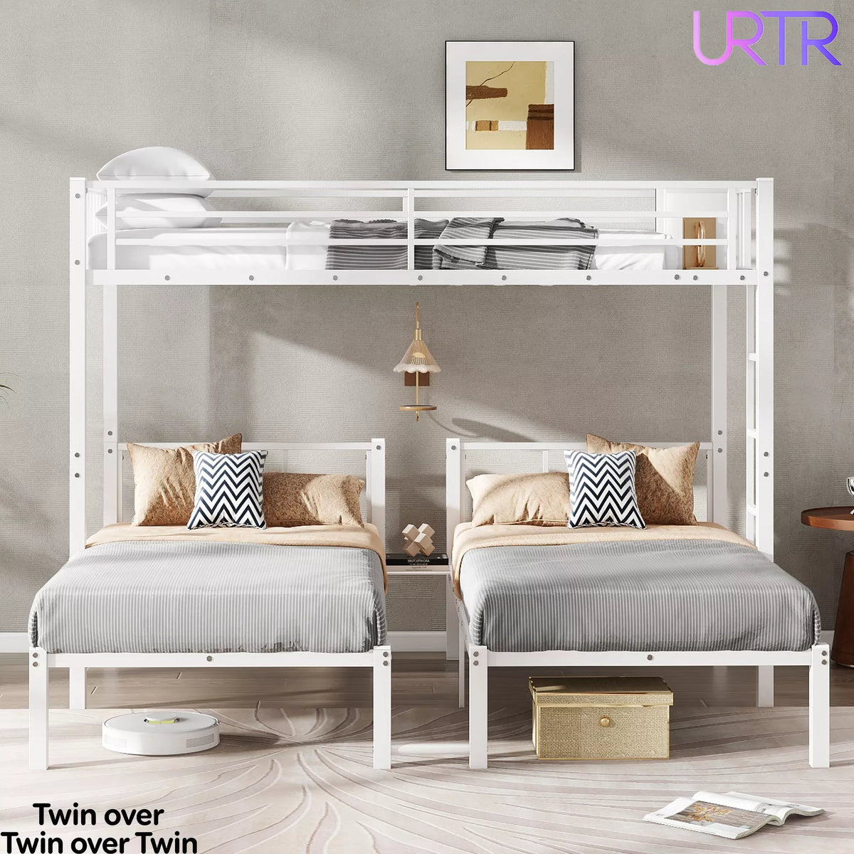 URTR Triple Bunk Bed for Kids, Detachable Metal Bunk Bed with Guardrails, Ladder & Storage, Converts to 3 Separate Beds