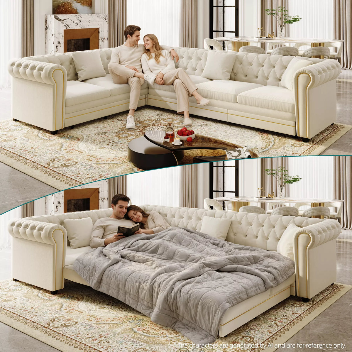 URTR L-Shaped Sleeper Sofa with Pull Out Bed, Convertible Velvet Sectional Couch with Deep Seating and Chesterfield Style