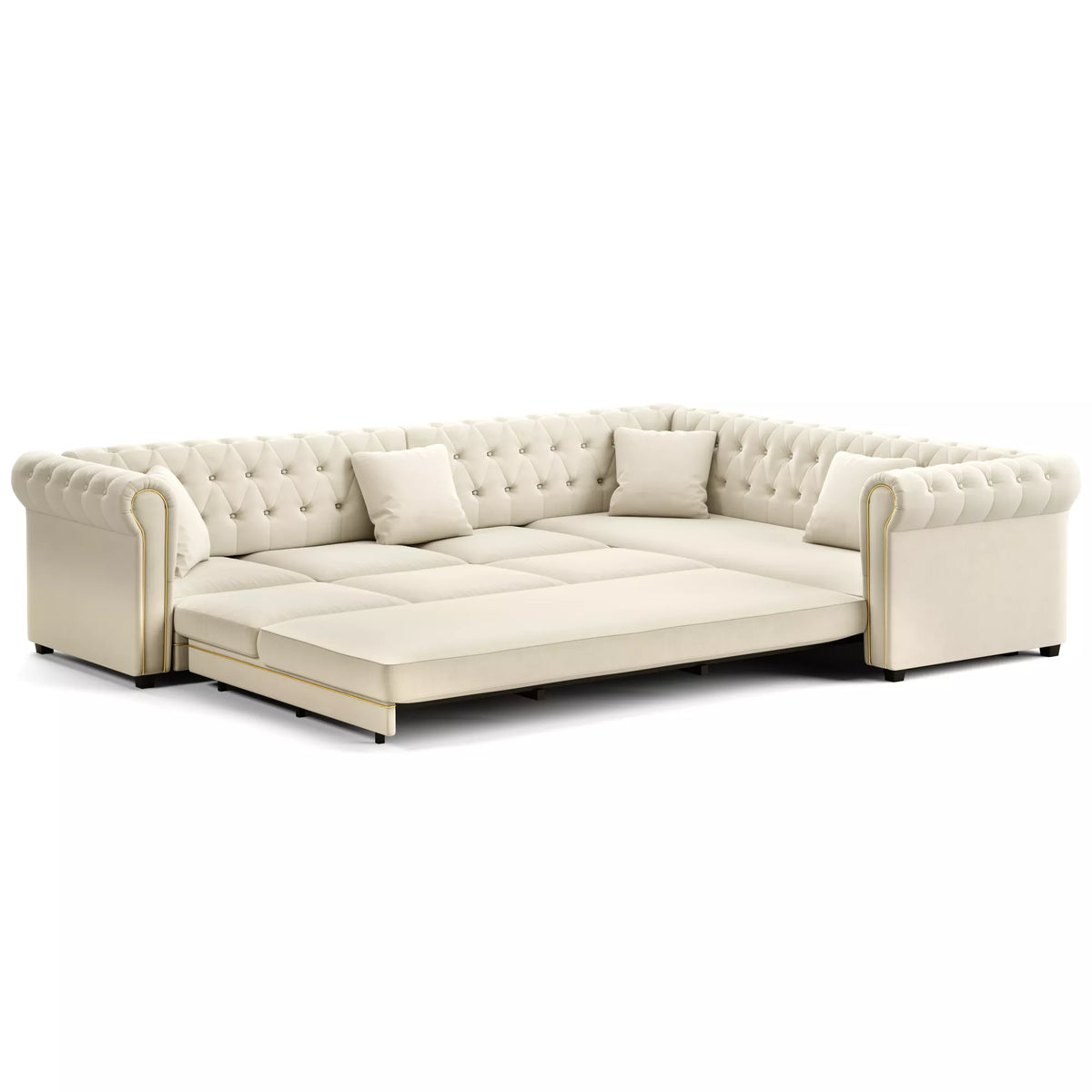 URTR L-Shaped Sleeper Sofa with Pull Out Bed, Convertible Velvet Sectional Couch with Deep Seating and Chesterfield Style