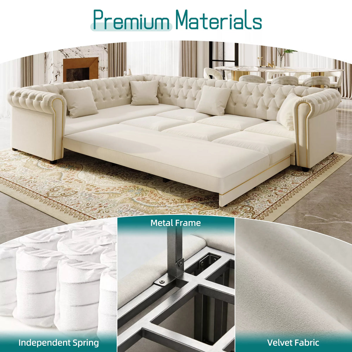 URTR L-Shaped Sleeper Sofa with Pull Out Bed, Convertible Velvet Sectional Couch with Deep Seating and Chesterfield Style
