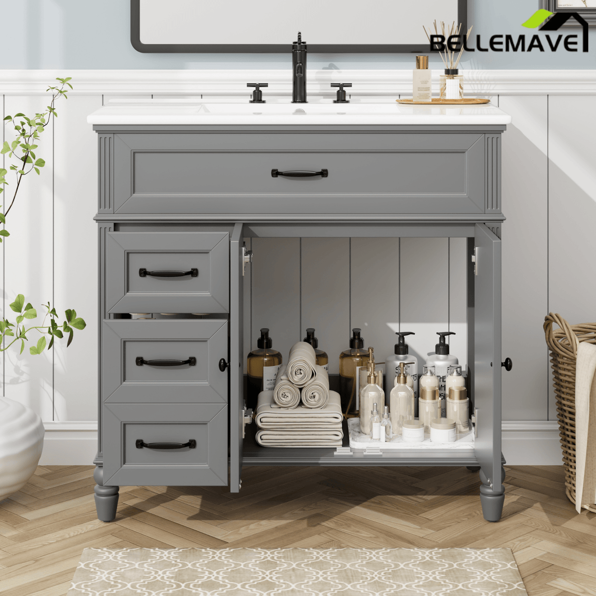 Bellemave® 36in Vintage Style Bathroom Vanity Cabinet with Sink, Storage Drawers & Cabinet, Small Single Bath Storage Vanity Sink Set - Bellemave