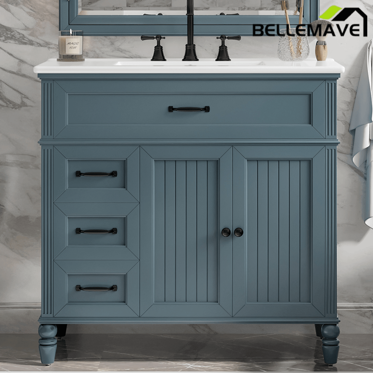 Bellemave® 36in Vintage Style Bathroom Vanity Cabinet with Sink, Storage Drawers & Cabinet, Small Single Bath Storage Vanity Sink Set - Bellemave