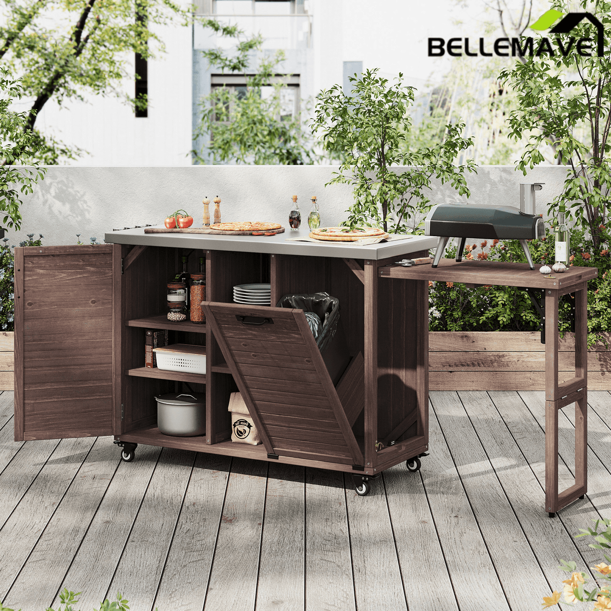 Bellemave® 78.3" Outdoor Kitchen Island with Foldable Grill Table, Solid Wood Grill Cart with Storage & Stainless Steel Top, Bar Cart for Lawn & Garden, Black - Bellemave