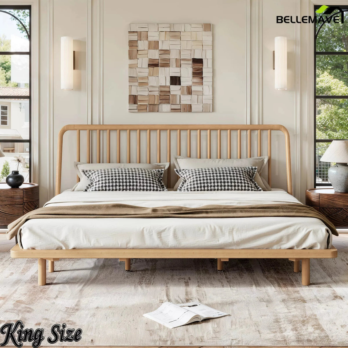 Bellemave® Bamboo Platform Bed Frame with Headboard, Slanted Slat Design and Support Slats - Bellemave