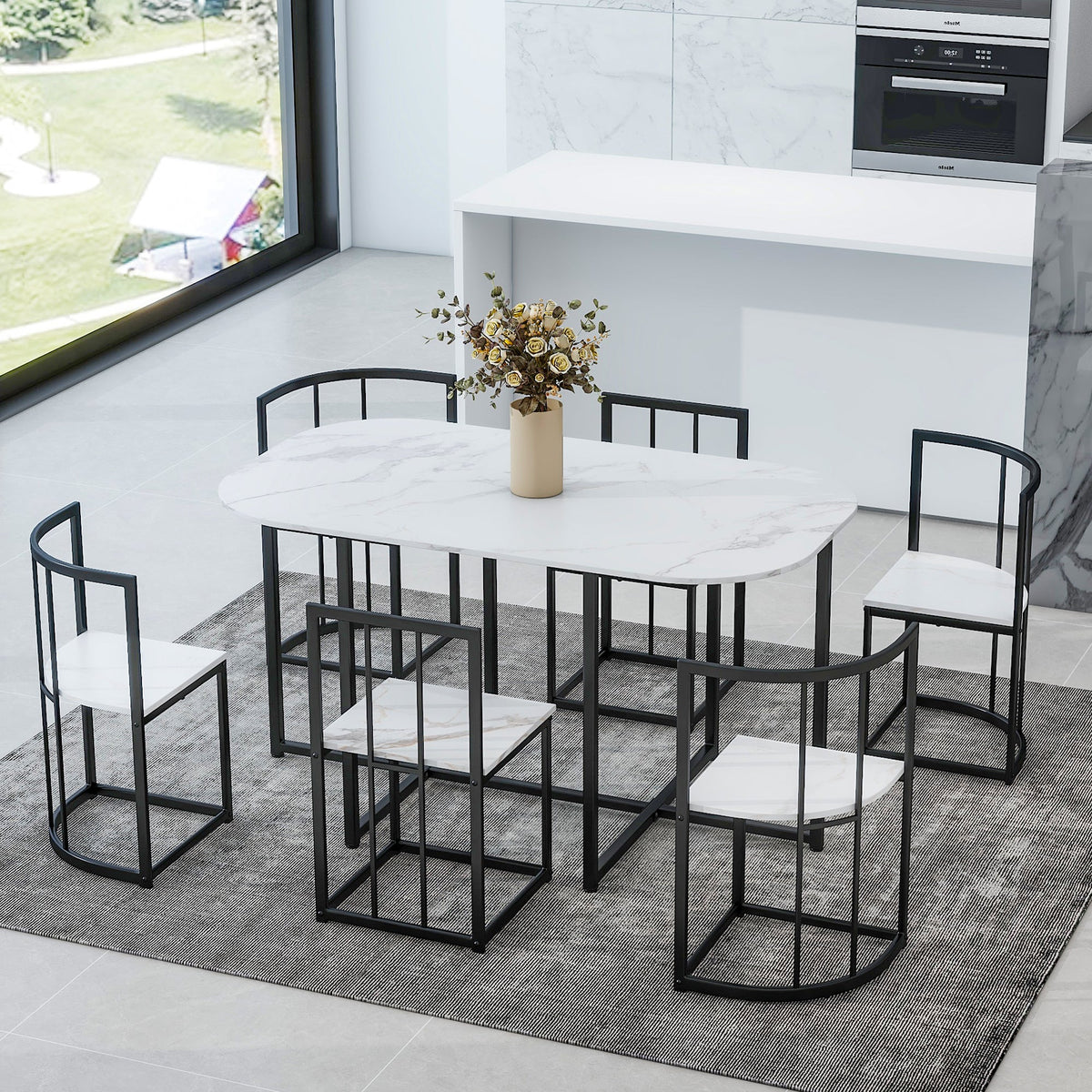 Bellemave® Dining Room Table Set with Chairs for Saving Space,55Inch Kitchen Table Set for 6, Black+White - Bellemave