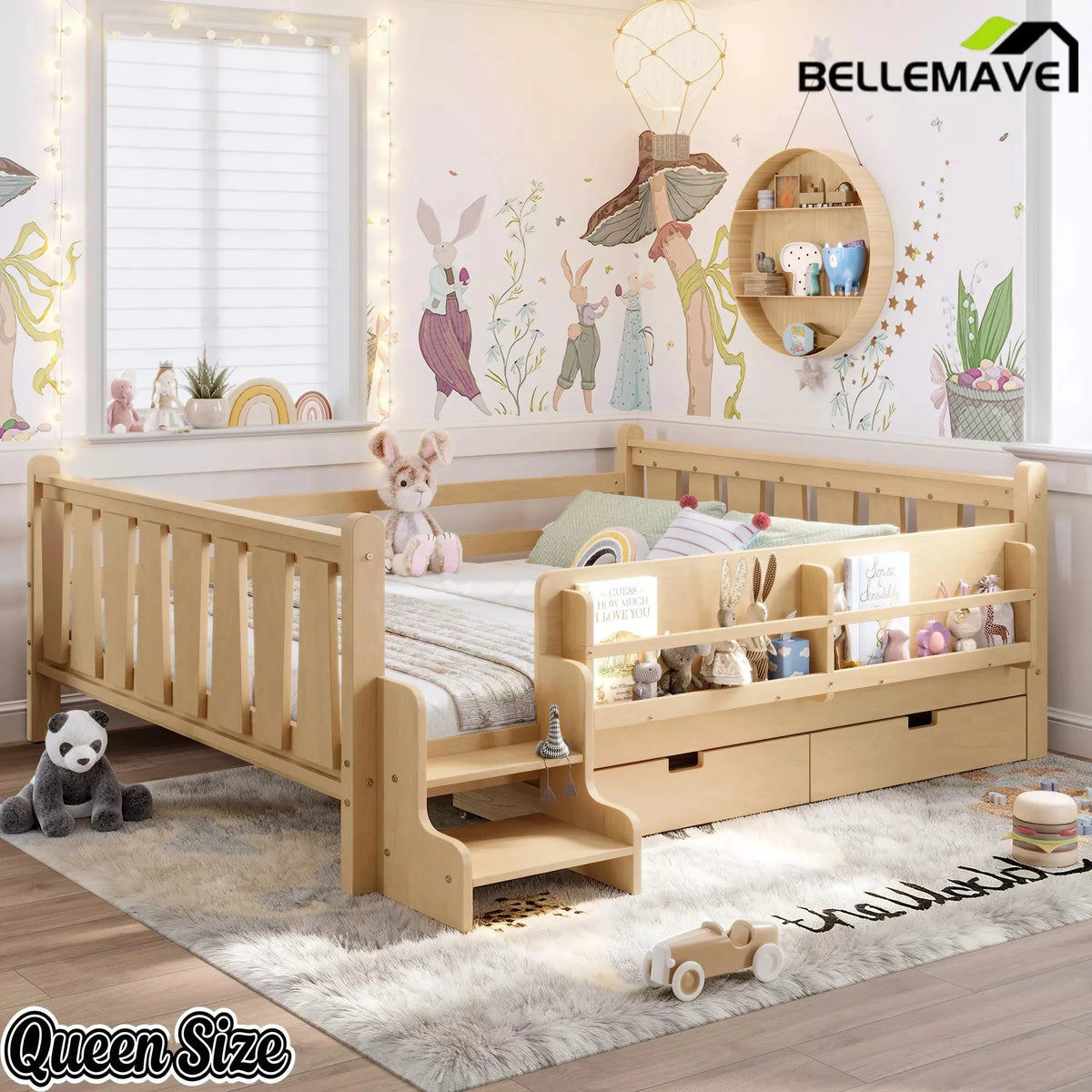 Bellemave® Kids Floor Bed with Storage Bookcases & Drawers, Solid Wood Montessori Floor Bed with Guardrails and Cute Stairs, No Box Spring Needed - Bellemave