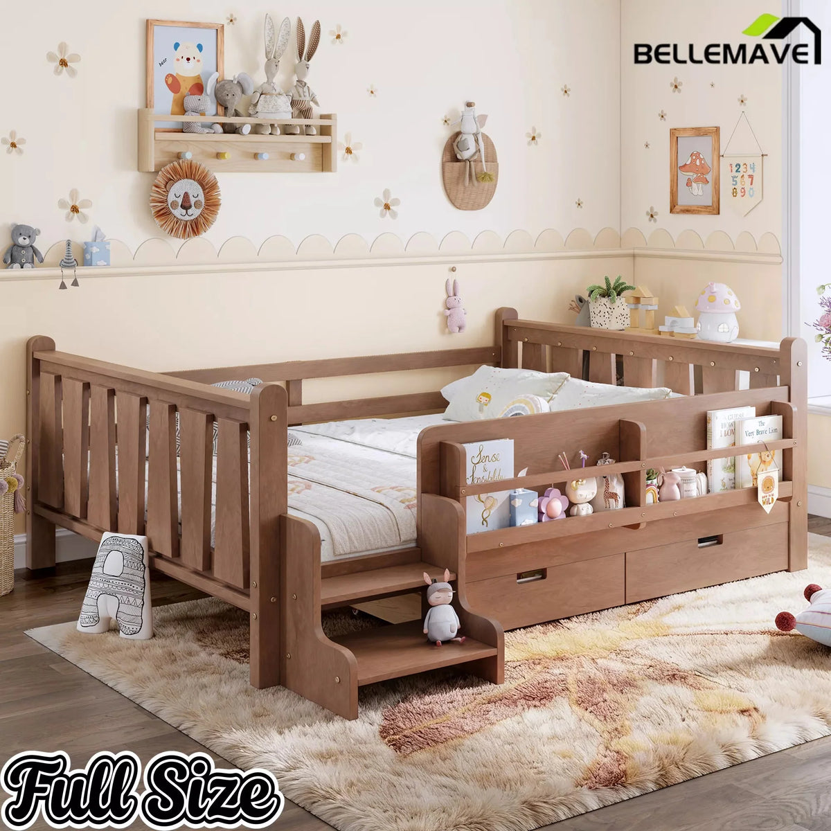 Bellemave® Kids Floor Bed with Storage Bookcases & Drawers, Solid Wood Montessori Floor Bed with Guardrails and Cute Stairs, No Box Spring Needed - Bellemave