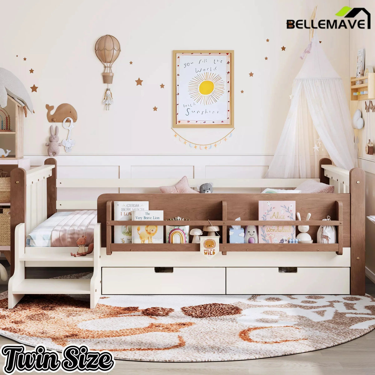 Bellemave® Kids Floor Bed with Storage Bookcases & Drawers, Solid Wood Montessori Floor Bed with Guardrails and Cute Stairs, No Box Spring Needed - Bellemave
