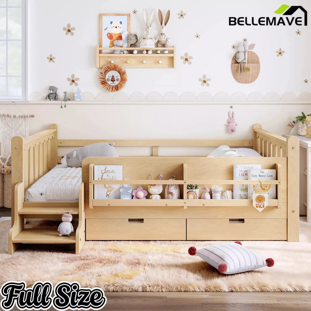 Bellemave® Kids Floor Bed with Storage Bookcases & Drawers, Solid Wood Montessori Floor Bed with Guardrails and Cute Stairs, No Box Spring Needed - Bellemave