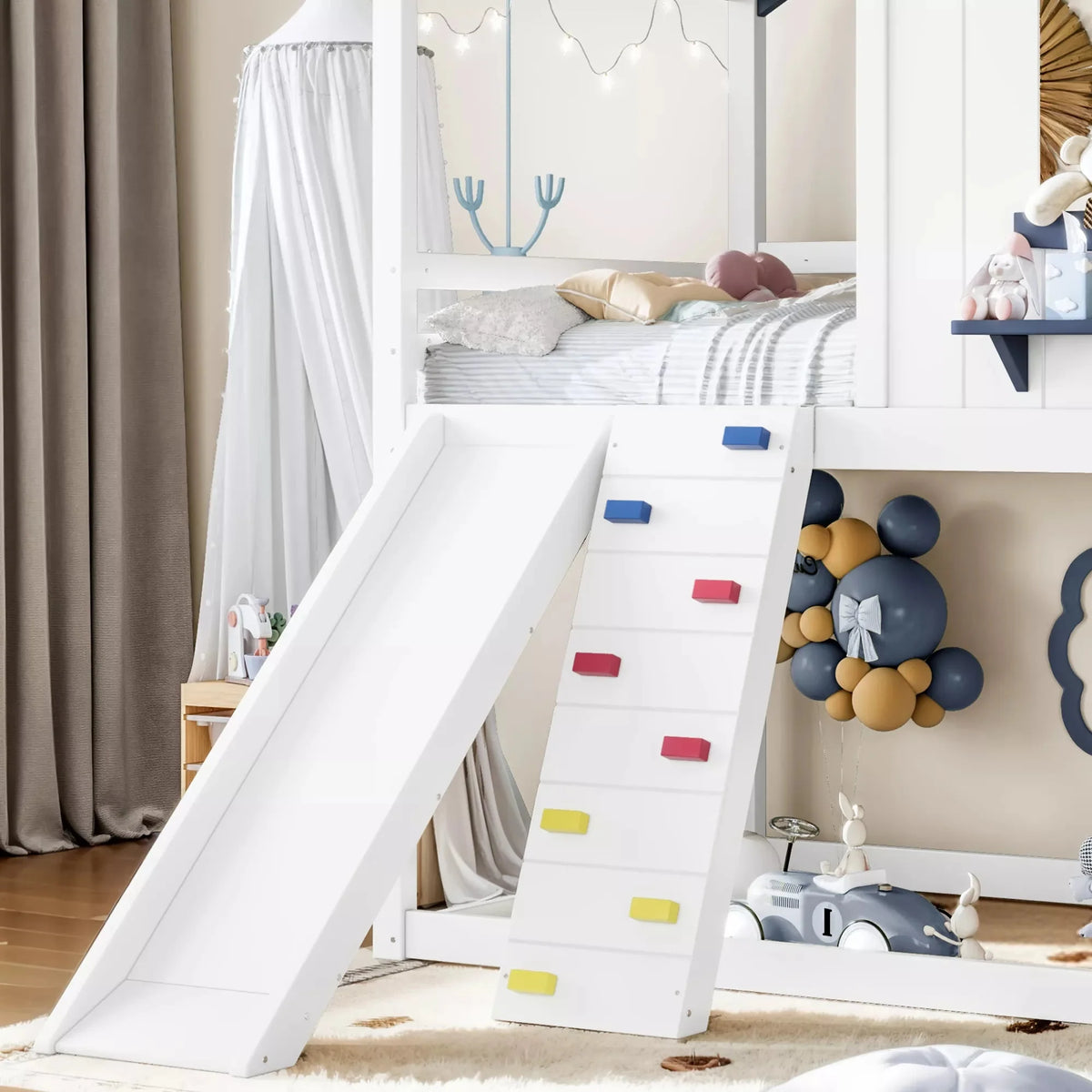 Kids wood loft bed with movable slide and climbing ladder features