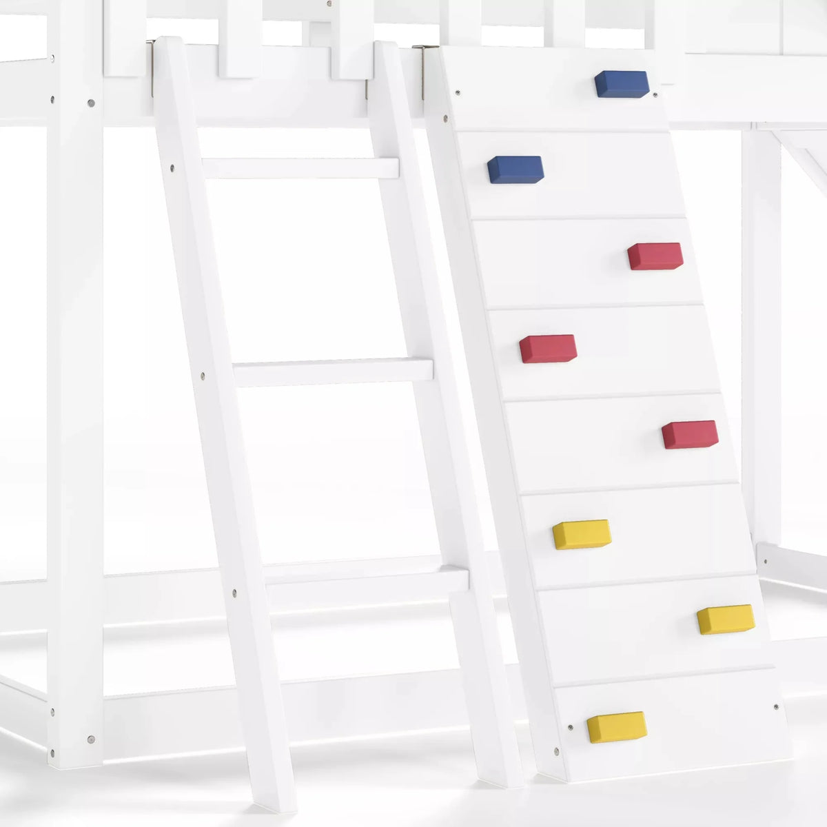 Playhouse loft bed frame with ladder and slide design