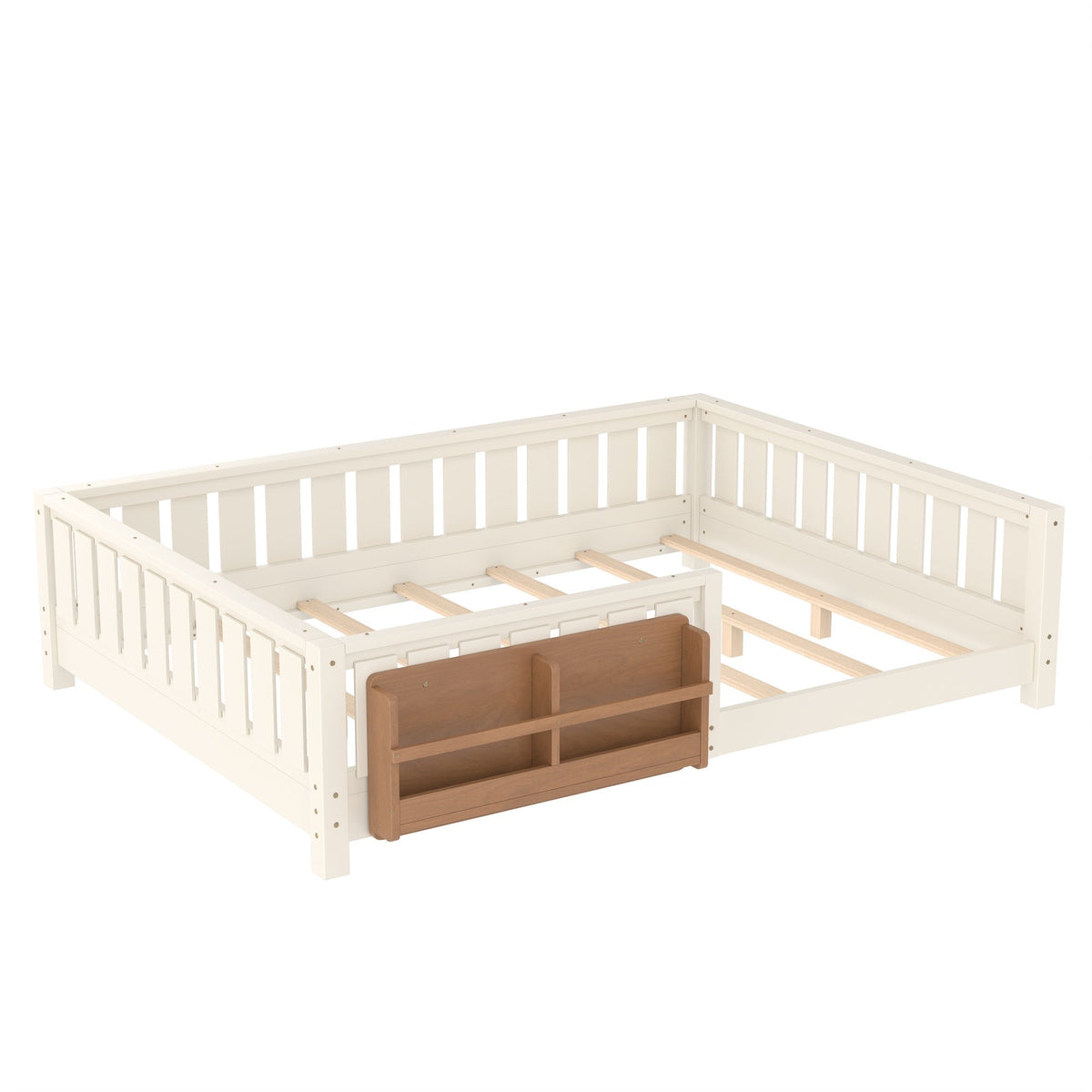 Bellemave® Queen Size Floor Bed with Slats and Safety Guardrail, Easy Assemble Montessori Beds with Fence and Built - in Bookshelf for Girls, Boys, White - Bellemave