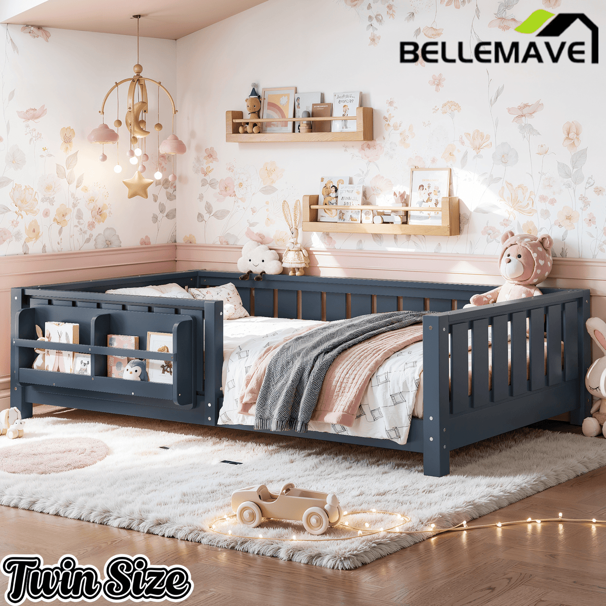 Bellemave® Queen Size Floor Bed with Slats and Safety Guardrail, Easy Assemble Montessori Beds with Fence and Built - in Bookshelf for Girls, Boys, White - Bellemave