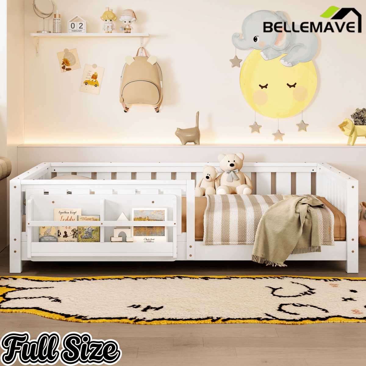 Bellemave® Queen Size Floor Bed with Slats and Safety Guardrail, Easy Assemble Montessori Beds with Fence and Built - in Bookshelf for Girls, Boys, White - Bellemave