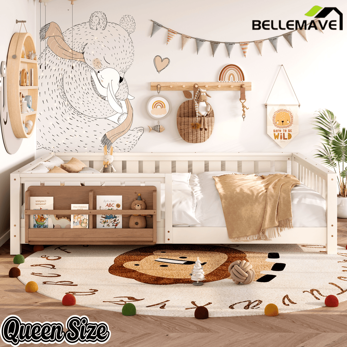 Bellemave® Queen Size Floor Bed with Slats and Safety Guardrail, Easy Assemble Montessori Beds with Fence and Built - in Bookshelf for Girls, Boys, White - Bellemave