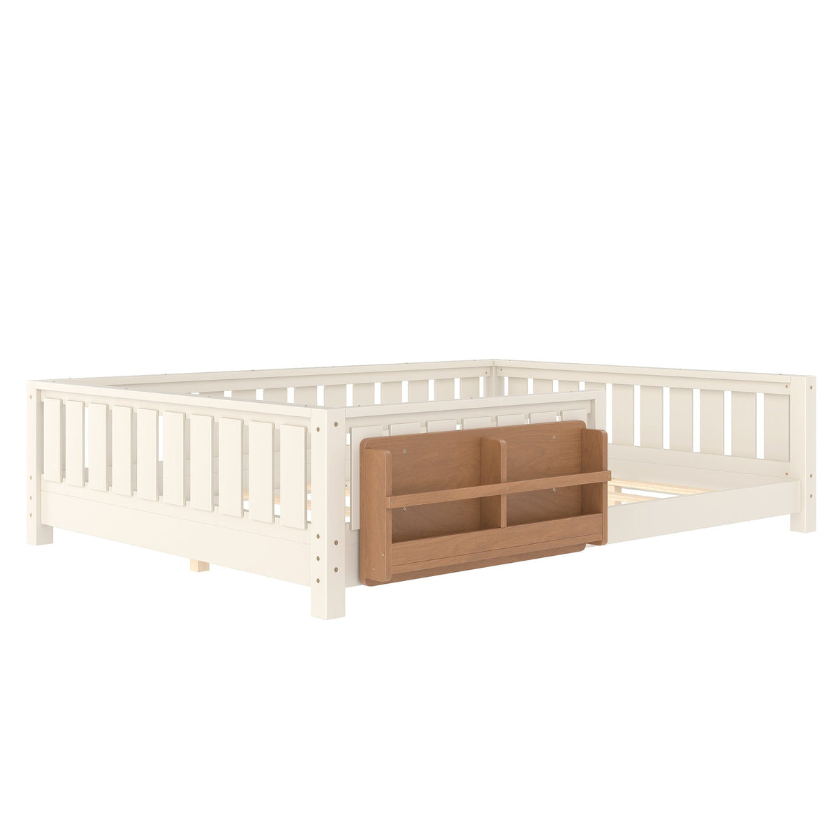 Bellemave® Queen Size Floor Bed with Slats and Safety Guardrail, Easy Assemble Montessori Beds with Fence and Built - in Bookshelf for Girls, Boys, White - Bellemave