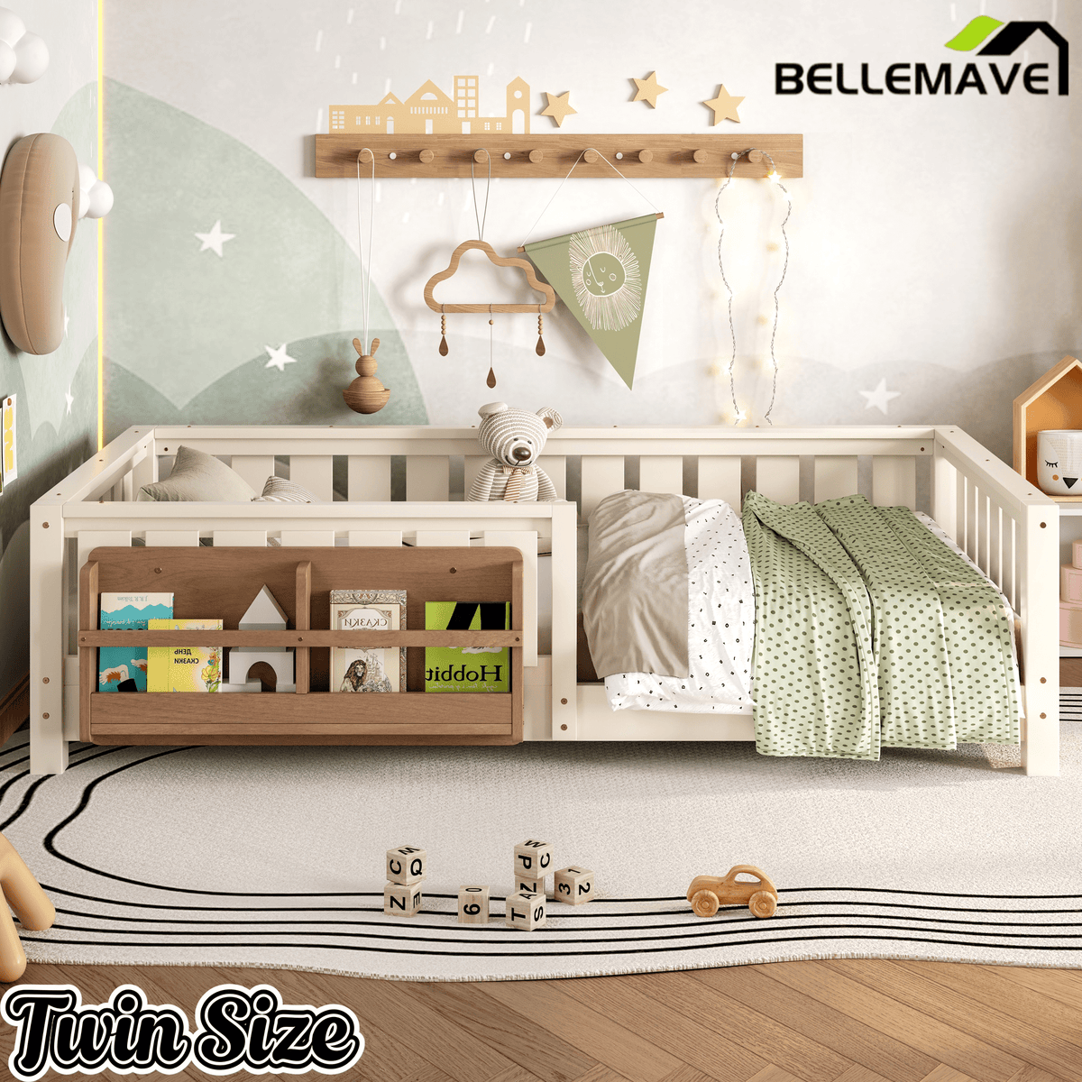 Bellemave® Queen Size Floor Bed with Slats and Safety Guardrail, Easy Assemble Montessori Beds with Fence and Built - in Bookshelf for Girls, Boys, White - Bellemave